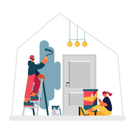 Couple doing renovation in new apartment togetherのイラスト素材