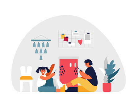 Mother and daughter painting furniture together at homeのイラスト素材