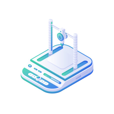 3D medical printer isometric vector. Electronic white instrument with blue panels for reconstruction...