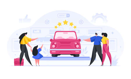 People choosing prestigious car in showroom cartoon concept. Man and woman admire beautiful red convertible on pedestal.のイラスト素材