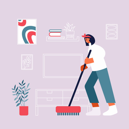 Woman cleaning floor in living room at homeのイラスト素材