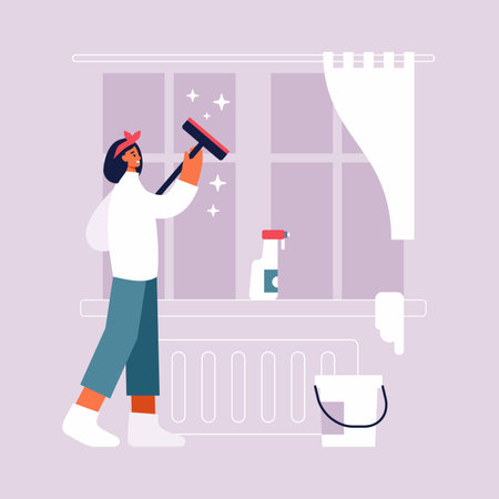 Woman cleaning window with squeegee at homeのイラスト素材