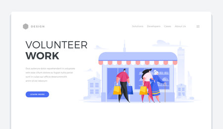 Volunteer care for elderly landing page template. Male and female characters carry shopping bags and help old lady walk.のイラスト素材