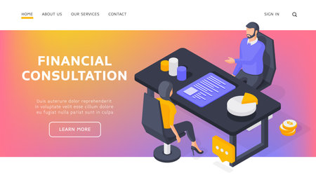 Woman sitting on chair and receiving money management advice from man amidst charts on isometric vector illustrationのイラスト素材