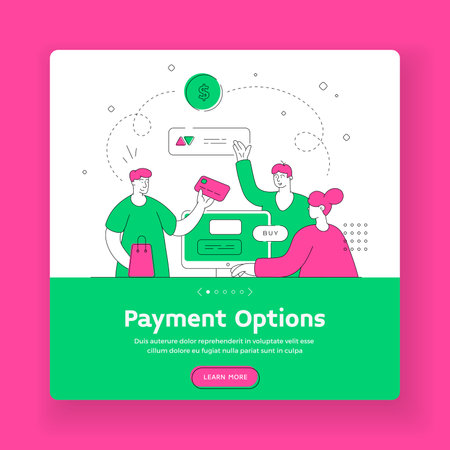 People paying for goods and leaving review online. Flat line vector illustrationのイラスト素材