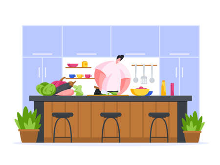 Chef cooking in restaurant kitchen flat vector illustration. Male character professionally slices an exotic vegetable salad.のイラスト素材