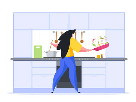 Girl preparing dinner in kitchen flat vector illustration. Female character mixes pot stove and tosses vegetable stew in skillet.のイラスト素材