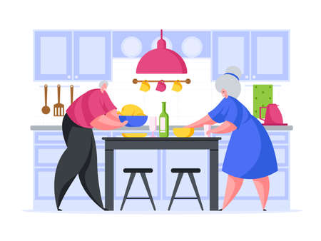 Elderly couple preparing romantic dinner vector cartoon illustration. Old male character places oven baked chicken on kitchen table.のイラスト素材