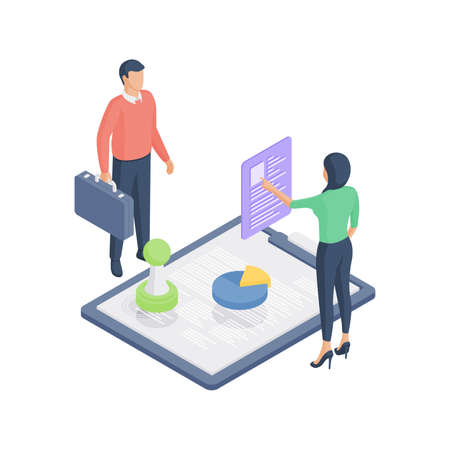 Man and woman analyzing business data on clipboardのイラスト素材