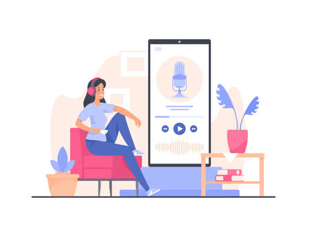 Podcast concept illustration. Female cartoon character listens audio podcastのイラスト素材