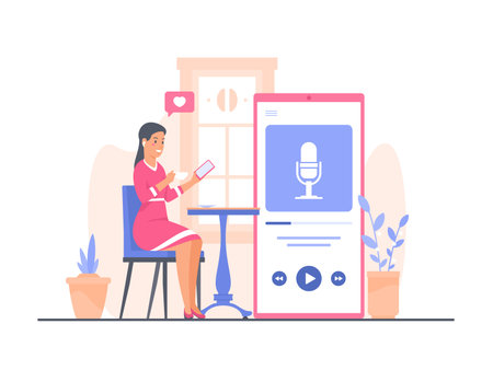 Podcast concept illustration. Young woman listening podcast in cafeのイラスト素材