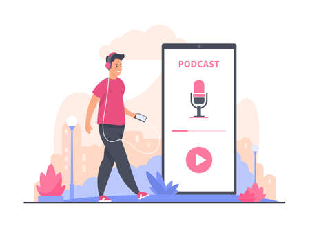 Audio podcast concept illustration. Man walks around the city and listens to podcast recordingのイラスト素材