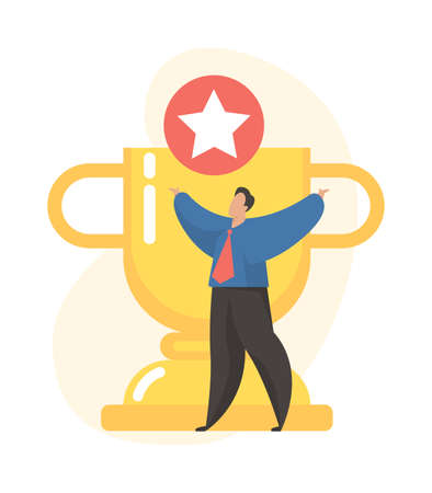 Male cartoon character stands next to huge goblet. Reach goal, success achievement. Successful businessman celebrating. Flat vector illustrationのイラスト素材