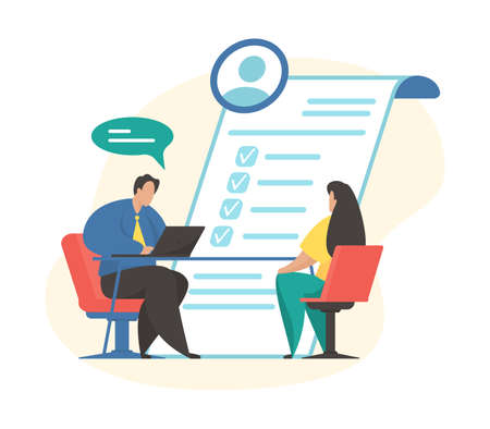 Job interview concept flat vector illustration. Curriculum vitae recruitment candidate. Talking with job applicant. Humanのイラスト素材