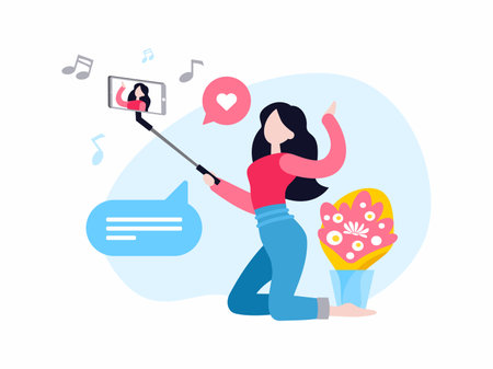 Vlogger shooting video. Female cartoon character video blogger holding smartphone on selfie stick and taking selfie with flowers on floor. Internet influencer, fashion model. Flat vector illustrationのイラスト素材