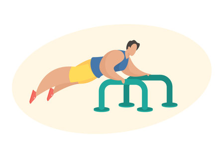 Man in sportswear doing push up using outdoor fitness equipment. Male cartoon character doing sport...