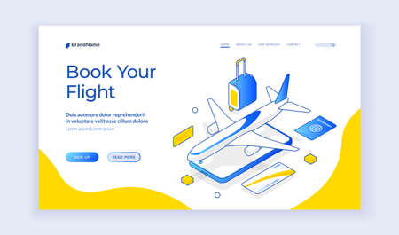 Book your flight. Vector banner of contemporary website with icons of mobile phone and airplane with tourist items offering information about booking flight. Web banner, landing page templateのイラスト素材