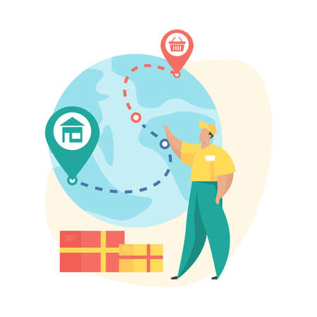 Order shipped. Flat vector illustration. Mobile shopping order status icon. Deliverer stands next to globe with parcel traking path marked with pins. Logistic, international delivery serviceのイラスト素材