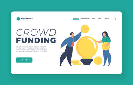 Crowdfunding concept landing page website banner. Cartoon characters putting money to bulb. People raising money for business idea. Crowdsourcing and investment. Flat vector illustrationのイラスト素材