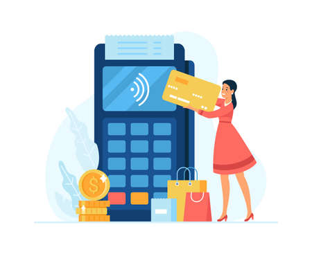 Contactless payment concept flat vector illustration. Female cartoon character customer making contactless payment with card standing near huge payment terminalのイラスト素材