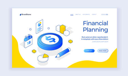 Financial planning. Isometric vector landing page template with coin and chart elements on white background for financial planning promotion. Isometric web banner, landing page templateのイラスト素材