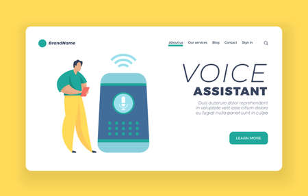 Voice assistant landing page website banner template. Wireless virtual assistant. Male cartoon character standing near smart speaker. Smart speaker apps development. Flat vector illustrationのイラスト素材