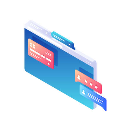 Payment and purchases in online application isometric illustration. Viewing rating of web stores with reading reviews and characteristics. Financial calculation red credit card vector concept.のイラスト素材