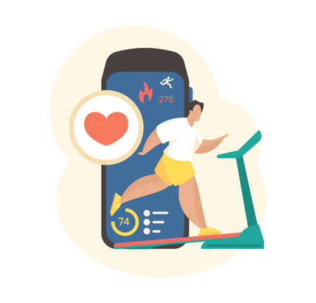 Smart online workout app. Man runs treadmill with cardio control mobile application. Digital indicators calorie burn fitness tracker and bracelet. Online physical trainer. Vector flat conceptのイラスト素材