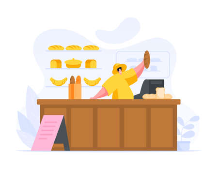 Flat style of cartoon man in yellow uniform standing at counter in bakery and offering freshly made bread to customersのイラスト素材