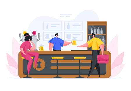 Vector illustration of man pouring and serving jugs of beer to male and female customer at counter in modern bar isolated on white backgroundのイラスト素材