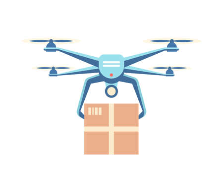 Drone delivers cargo. Modern quadrocopter with propellers carries box to buyer. Innovative delivery service tool. Online management with fast logistics and air travel. Vector flat illustrationのイラスト素材