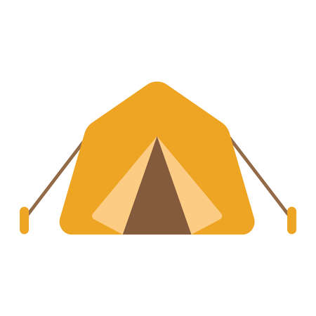 Camping and hiking travel tent. Flat vector illustration isolated on white background. Front view of yellow pyramid shaped canvas tentのイラスト素材