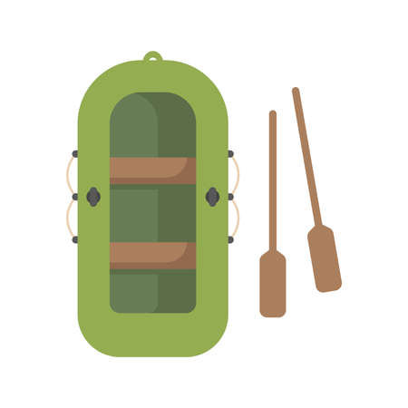 Green rubber inflatable boat with paddles top view. Fishing, camping, tourist equipment. Flat vector illustration isolated on white backgroundのイラスト素材