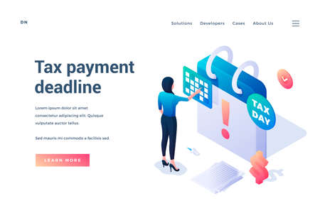 Tax payment deadline. Isometric vector illustration. Landing page template. Business woman standing in front of large calendar reminding about the day of paying taxes. Web banner templateのイラスト素材