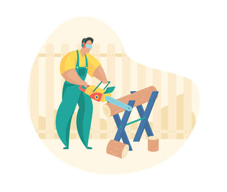 Sawing firewood in yard. Man in uniform with chainsaw saws off pieces from log. Professional tools and eye and ear protection. Quick disposal dead wood. Vector flat illustration isolatedのイラスト素材