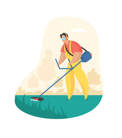 Mowing grass with trimer. Man in uniform smoothing grass with electric scythe Service for maintenance parks and gardens. Face shield and earmuffs. Vector flat illustration isolatedのイラスト素材