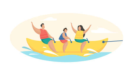 People ride banana water attraction. Yellow cigar shaped inflatable object for fun jumping waves. Cheerful tourists in life jackets sitting waiting for launch boat. Vector flat illustration isolatedのイラスト素材