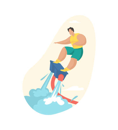Man riding jet water board. Fast extreme attraction with powerful flyboard. Vacationer in life jacket soars acrobatic on sea. Summer adventure in motion with jet. Vector flat illustration isolatedのイラスト素材