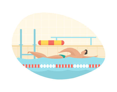 Speed swimming in pool. Muscular man swims fast in crawl style. Training competition and rescue service. Water fitness all year round for healthy and wellbeing. Vector flat illustration isolatedのイラスト素材