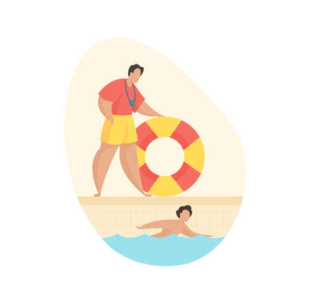 Rescue service pool. Man with lifebuoy watches child swimming in basin. Professional lifeguard trainer. Visitor control and medical care drowning people. Vector flat illustration isolatedのイラスト素材
