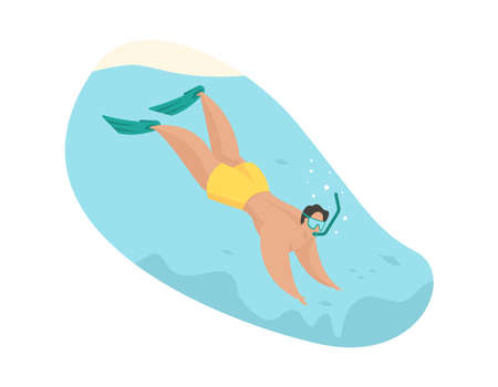 Man snorkeling. Extreme diving with short immersion. Swimmer in mask and snorkel dives to underwater reef. Deep ocean views with coral and pearl oyster mining. Vector flat illustration isolatedのイラスト素材