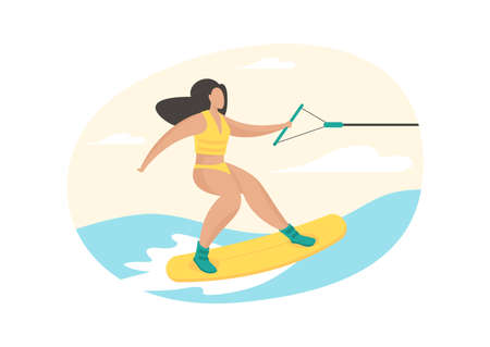 Girl engaged in sapperfing. Artificial surfing vacation. Woman in swimsuit jumps over waves on board holding boats cable. Extreme fun with water adrenaline. Vector flat illustration isolatedのイラスト素材