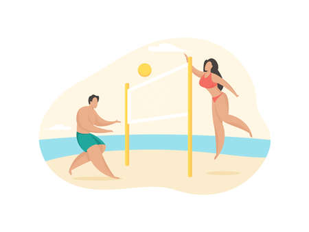 People play beach volleyball. Active rest on sandy seaside. Guy and girl throw ball over net. Fun summer faustball competition. Tourists on tropical beach. Vector flat illustration isolatedのイラスト素材