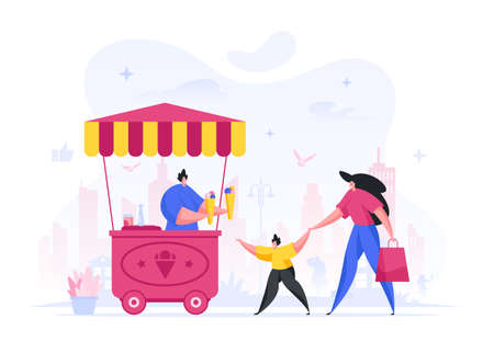 Woman with child buy ice cream in street kiosk vector illustration. Joyful child character drags mother to ice cream stand. Seller holds out two cones with sweet colored flat balls.のイラスト素材
