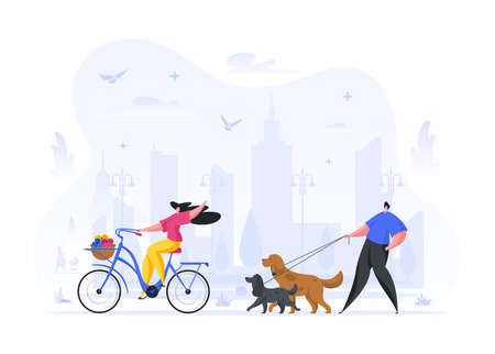 People walking and relaxing on street vector illustration. Man walks purebred dog on leash. Joyful woman rides bicycle with basket full colorful flowers. Healthy summer walks in fresh cartoon air.のイラスト素材