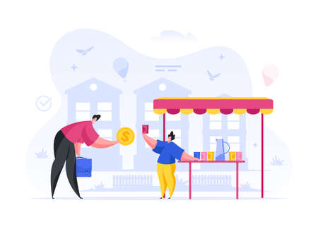Man buys soda from boy in stall cartoon illustration. Male character holds out money for refreshing drink. Child is holding glass of fresh organic juice. Cold drink hot summer vector day.のイラスト素材