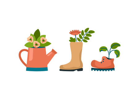 Old shoes like flower pot. Worn out rubber boot and torn shoe with houseplants. Vintage sprinkler...
