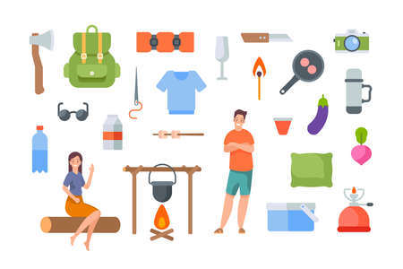 Tourist equipment and hiking accessories on white background. Camping elements kit for outdoor adventure. Flat vector icons collection on white background. Campfire, pot, backpack, t-shirt, cameraのイラスト素材