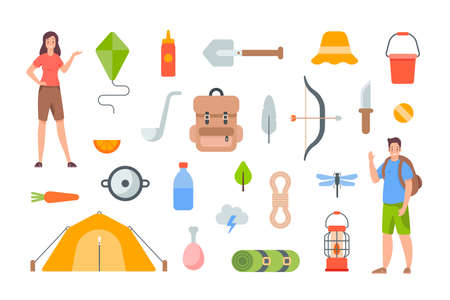 Camping and hiking elements. Tourist equipment and travel accessories for outdoor adventure. Flat vector objects on white background. Tent, shovel, oil lamp, bottle, knife, foodのイラスト素材