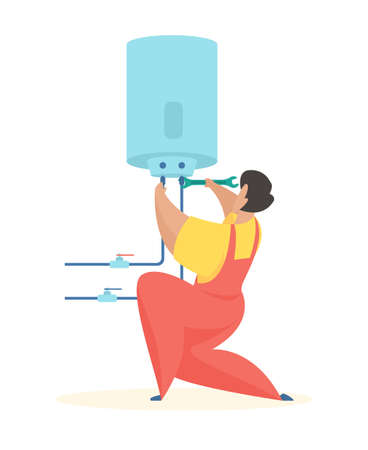 Plumber connects boiler. Water heater cleaning and repair. Man in uniform connects pipes to tank with wrench. Service plumbing and self maintenance. Professional adjustment. Vector flat illustrationのイラスト素材